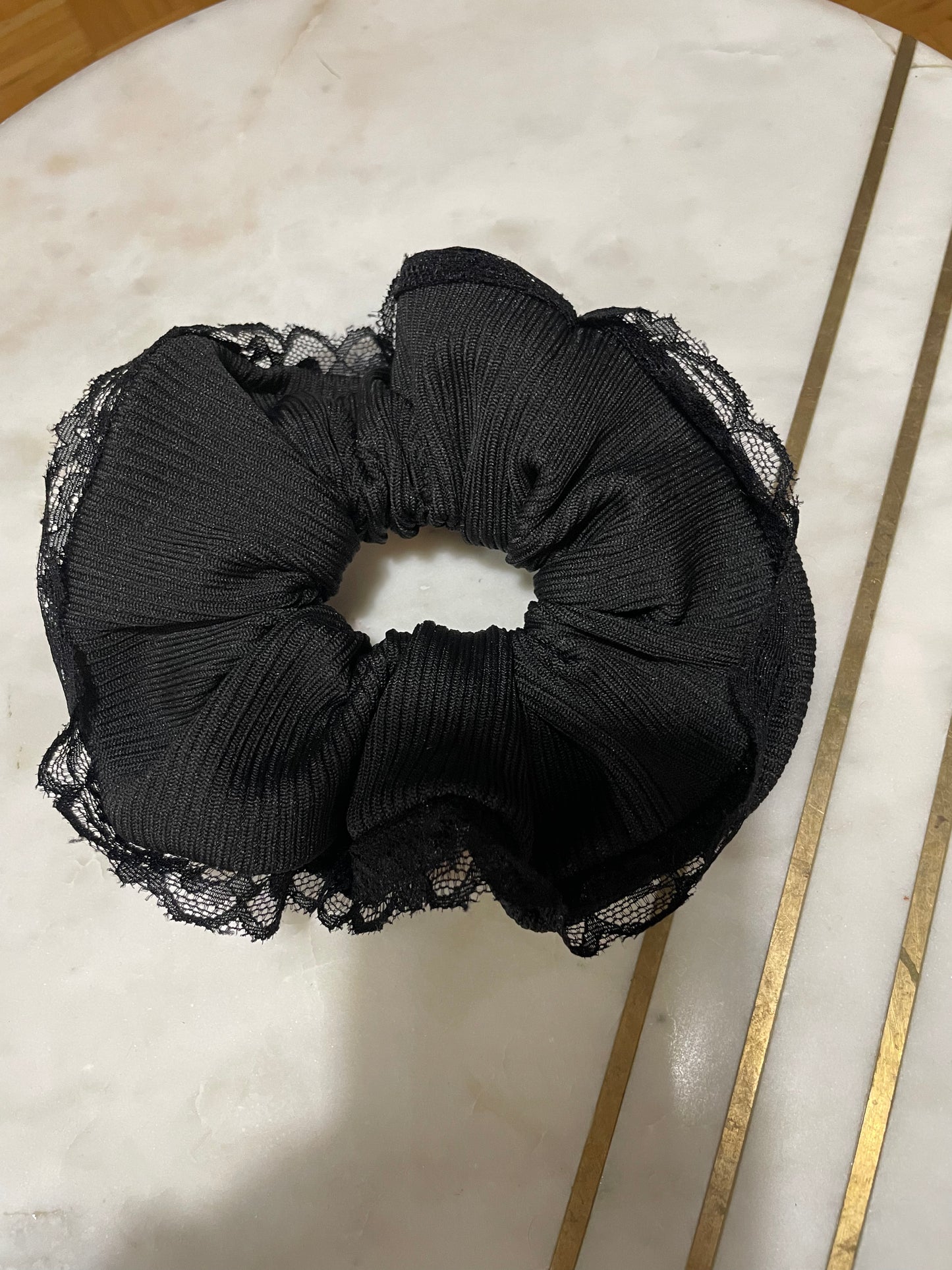 Hair Scrunchie - Black with lace trim