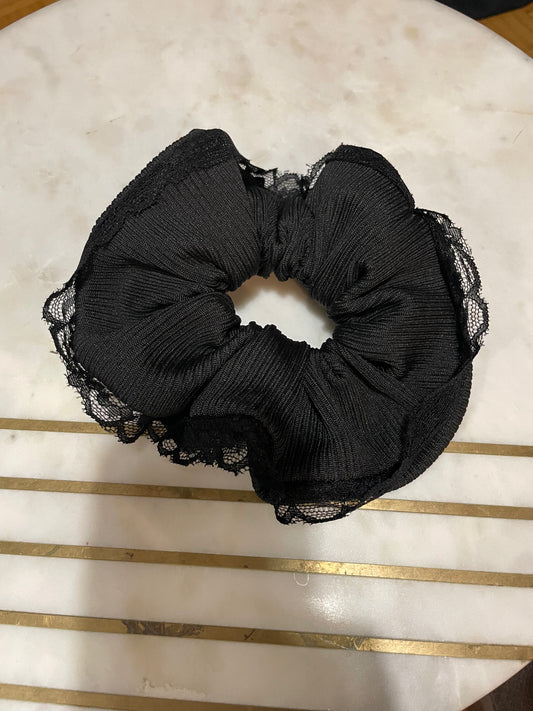 Hair Scrunchie - Black with lace trim
